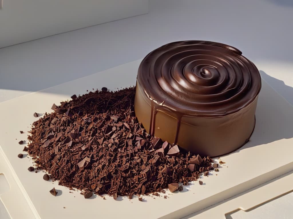  A closeup, ultradetailed image of a glossy, perfectly tempered chocolate curl delicately resting on a smooth, marble surface, showcasing intricate swirls and ripples in the chocolate's surface. The curl is elegantly poised, capturing the play of light and shadow to emphasize the rich, deep tones of the chocolate. hyperrealistic, full body, detailed clothing, highly detailed, cinematic lighting, stunningly beautiful, intricate, sharp focus, f/1. 8, 85mm, (centered image composition), (professionally color graded), ((bright soft diffused light)), volumetric fog, trending on instagram, trending on tumblr, HDR 4K, 8K