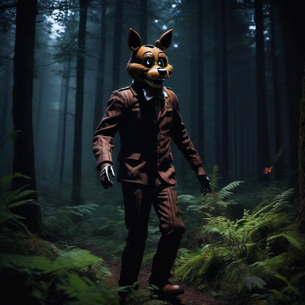  An animatronic from Five Nights At Freddy's is chasing a person. Freddy and the person, with lifeless eyes and a wooden body, have one black butterfly, glowing eyes for Freddy, forest, too dark surroundings. hyperrealistic, full body, detailed clothing, highly detailed, cinematic lighting, stunningly beautiful, intricate, sharp focus, f/1. 8, 85mm, (centered image composition), (professionally color graded), ((bright soft diffused light)), volumetric fog, trending on instagram, trending on tumblr, HDR 4K, 8K