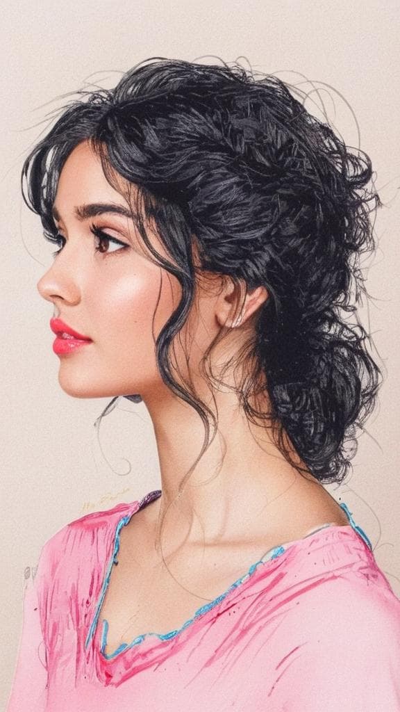a beautiful girl wearing tshirt, messy black hair