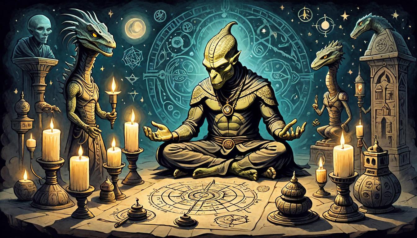  on parchment, surrealism+++, Reptilian figure working on technological devices, intricate gadgets and tools, human figure meditating amidst candles and sacred symbols, contrast between mundane and spiritual, dim lighting, serene atmosphere(mysterious, provocative, symbolic,muted color)+++