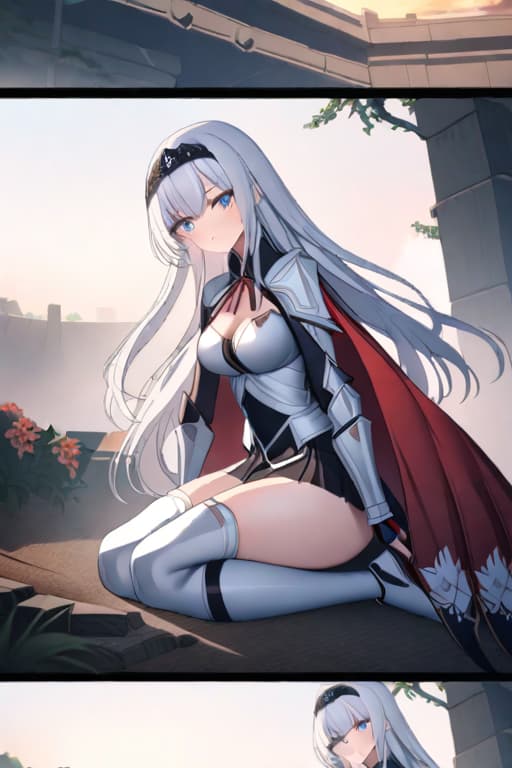  1girl, armor, blue eyes, cape, cloak, dress, flower, hood, kneeling, knight, long hair, looking down, sidelocks, solo, white hair, masterpiece, best quality, ruins, nature, sky, looking at viewer, diadem hyperrealistic, full body, detailed clothing, highly detailed, cinematic lighting, stunningly beautiful, intricate, sharp focus, f/1. 8, 85mm, (centered image composition), (professionally color graded), ((bright soft diffused light)), volumetric fog, trending on instagram, trending on tumblr, HDR 4K, 8K