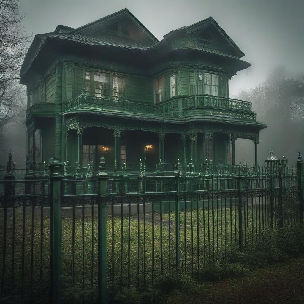  A green two storied house, gloomy, behind an iron fence. hyperrealistic, full body, detailed clothing, highly detailed, cinematic lighting, stunningly beautiful, intricate, sharp focus, f/1. 8, 85mm, (centered image composition), (professionally color graded), ((bright soft diffused light)), volumetric fog, trending on instagram, trending on tumblr, HDR 4K, 8K