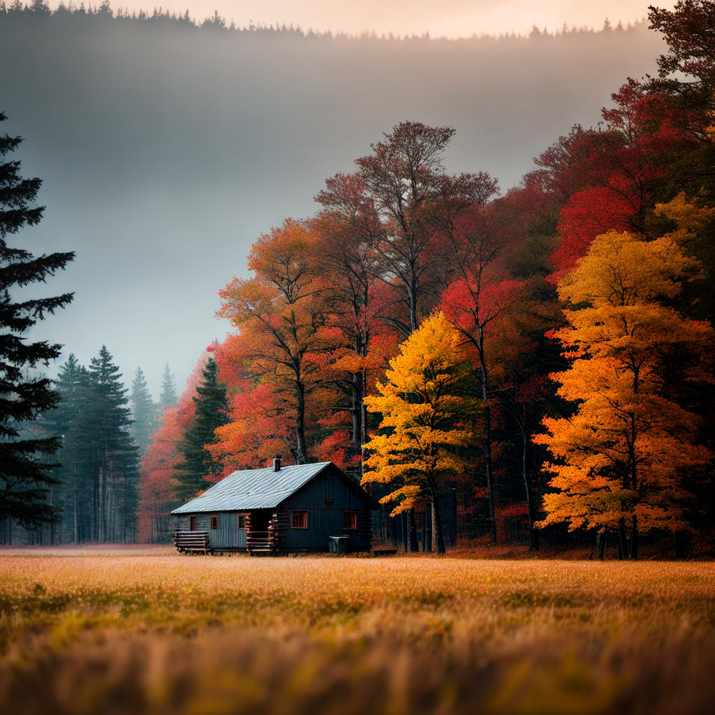  A picturesque autumn landscape masterpiece with the best quality. The scene is set in 8k resolution, capturing the high level of detail and ultra-detailed elements. The main subject of the scene is a lone cabin amidst a colorful forest. hyperrealistic, full body, detailed clothing, highly detailed, cinematic lighting, stunningly beautiful, intricate, sharp focus, f/1. 8, 85mm, (centered image composition), (professionally color graded), ((bright soft diffused light)), volumetric fog, trending on instagram, trending on tumblr, HDR 4K, 8K