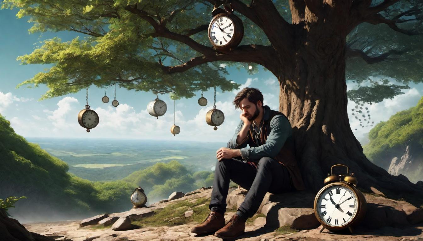  digital illustration A weary traveler seated beneath a tree, shadowed face, surrounded by clocks with spinning hands, symbolizing anxiety and fatigue in a timeless world, urgent, static. looking at viewer, dynamic pose, (intricate details, masterpiece, best quality)