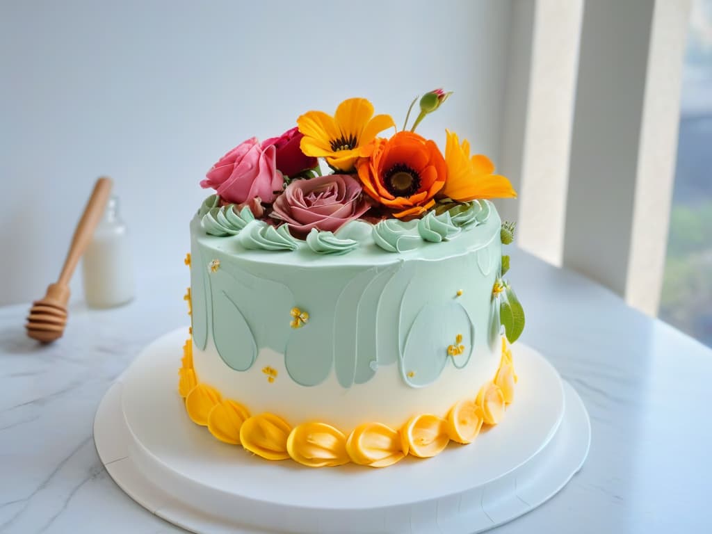  A highresolution image of a beautifully decorated cake surrounded by baking tools such as measuring cups, mixing bowls, and a whisk, all arranged neatly on a marble countertop with soft natural light streaming in from a nearby window. The cake is intricately decorated with vibrant flowers and delicate piping, showcasing the skill and artistry involved in pastry creation. The scene exudes a sense of precision, creativity, and dedication to the craft of baking, perfectly complementing the professional and inspirational tone of the article. hyperrealistic, full body, detailed clothing, highly detailed, cinematic lighting, stunningly beautiful, intricate, sharp focus, f/1. 8, 85mm, (centered image composition), (professionally color graded), ((bright soft diffused light)), volumetric fog, trending on instagram, trending on tumblr, HDR 4K, 8K