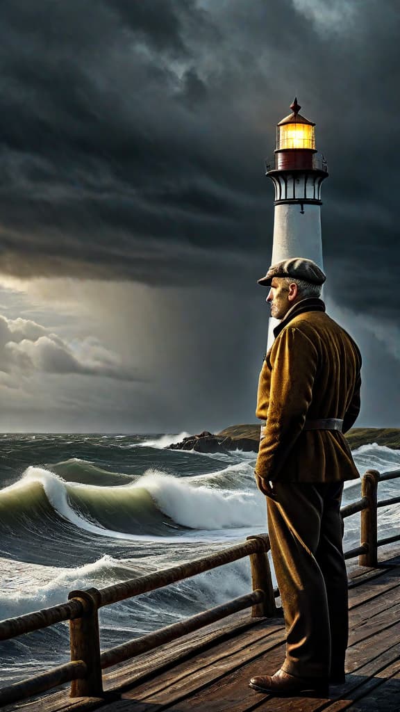  (A seasoned lighthouse keeper, Mr. Hawthorn, stands on a windswept dock, holding a weathered map in his hands as he gazes out at the stormy sea. The old lighthouse stands tall in the background, its beacon casting a golden glow across the churning waves. The sky is filled with dark clouds, hinting at the treacherous journey ahead.) hyperrealistic, full body, detailed clothing, highly detailed, cinematic lighting, stunningly beautiful, intricate, sharp focus, f/1. 8, 85mm, (centered image composition), (professionally color graded), ((bright soft diffused light)), volumetric fog, trending on instagram, trending on tumblr, HDR 4K, 8K