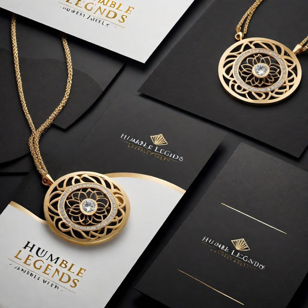  Create a logo for a company brand named 'Humble Legends Jewelry'. The design should embody elegance and sophistication, with a modern twist. It should include imagery related to jewelry such as a diamond or a necklace, and use a color scheme that suggests luxury, like gold or silver on a black background. The typography should be sleek and easily readable, with an element that makes the brand name memorable. hyperrealistic, full body, detailed clothing, highly detailed, cinematic lighting, stunningly beautiful, intricate, sharp focus, f/1. 8, 85mm, (centered image composition), (professionally color graded), ((bright soft diffused light)), volumetric fog, trending on instagram, trending on tumblr, HDR 4K, 8K