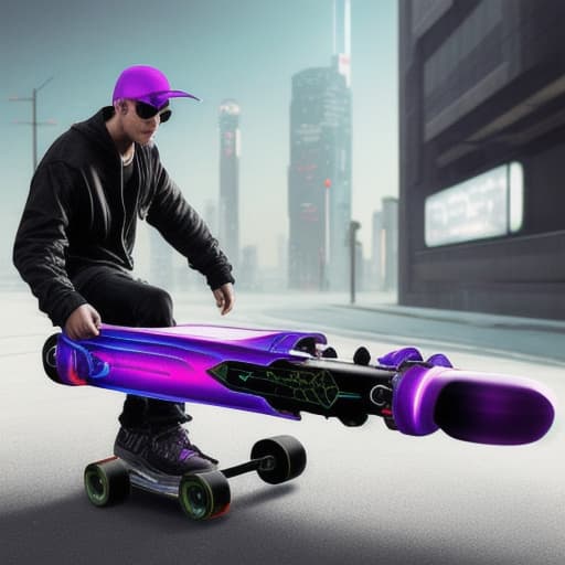  Cyberpunk sci-fi vehicle skateboard that turns into a gun purple & black jet fueled skateboard