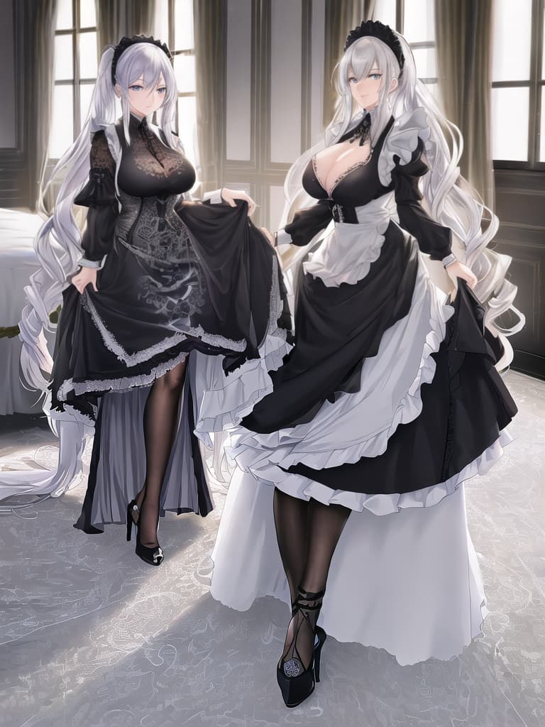  1 Woman, Anime style, with long silver hair and curly twin tails, age 20 25, , , radiant blue eyes, Maid, room, wearing black , black , black lace stockings, size, big s, black high heels, ((full body)), (((hdr, masterpiece, highest resolution, best quality, beautiful, raw image))), (((extremely detailed, rendered))), beautiful detailed clothing, highly detailed, detailed face, highres, (masterpiece, best quality:1.2) hyperrealistic, full body, detailed clothing, highly detailed, cinematic lighting, stunningly beautiful, intricate, sharp focus, f/1. 8, 85mm, (centered image composition), (professionally color graded), ((bright soft diffused light)), volumetric fog, trending on instagram, trending on tumblr, HDR 4K, 8K