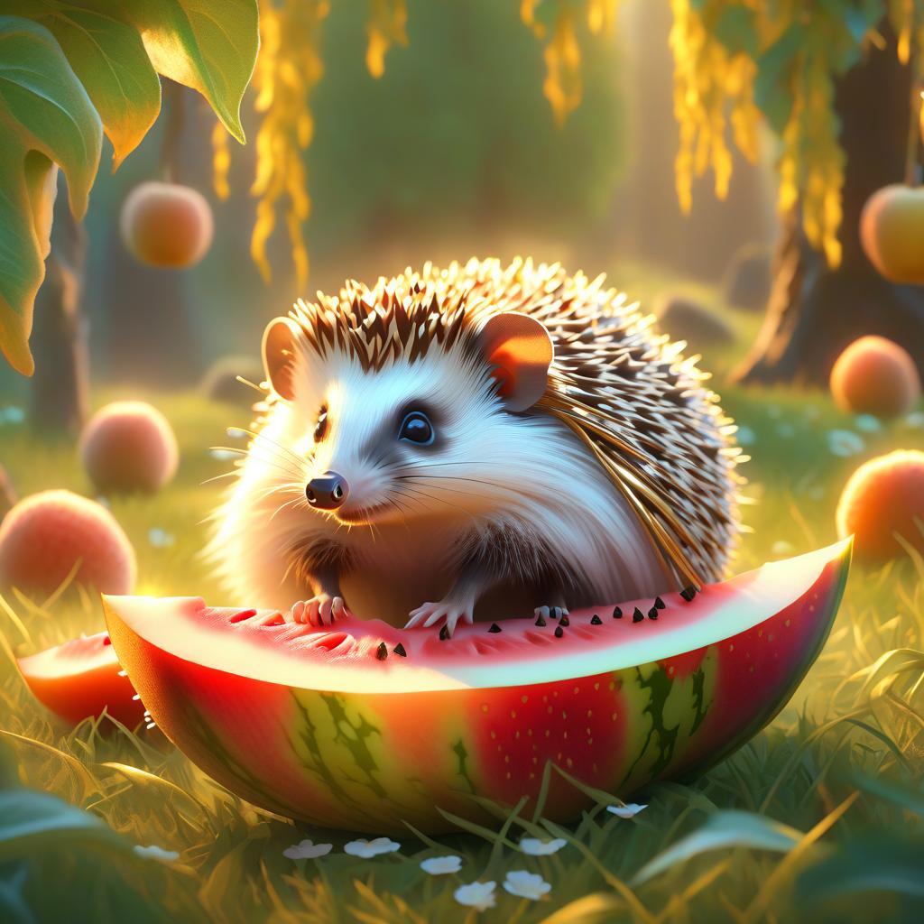  ethereal fantasy concept art of (Background) The time of year spring. A blossoming peach orchard. On the lawn a blue tablecloth with golden fringe behind the tablecloth two hedgehogs are sitting together eating a ripe watermelon slice. Ripe peaches lie on the grass around the tablecloth. . magnificent, celestial, ethereal, painterly, epic, majestic, magical, fantasy art, cover art, dreamy hyperrealistic, full body, detailed clothing, highly detailed, cinematic lighting, stunningly beautiful, intricate, sharp focus, f/1. 8, 85mm, (centered image composition), (professionally color graded), ((bright soft diffused light)), volumetric fog, trending on instagram, trending on tumblr, HDR 4K, 8K