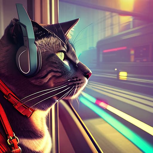 nvinkpunk Realistic image of a cat wearing headphones and reading glasses while riding a bus. hyperrealistic, full body, detailed clothing, highly detailed, cinematic lighting, stunningly beautiful, intricate, sharp focus, f/1. 8, 85mm, (centered image composition), (professionally color graded), ((bright soft diffused light)), volumetric fog, trending on instagram, trending on tumblr, HDR 4K, 8K