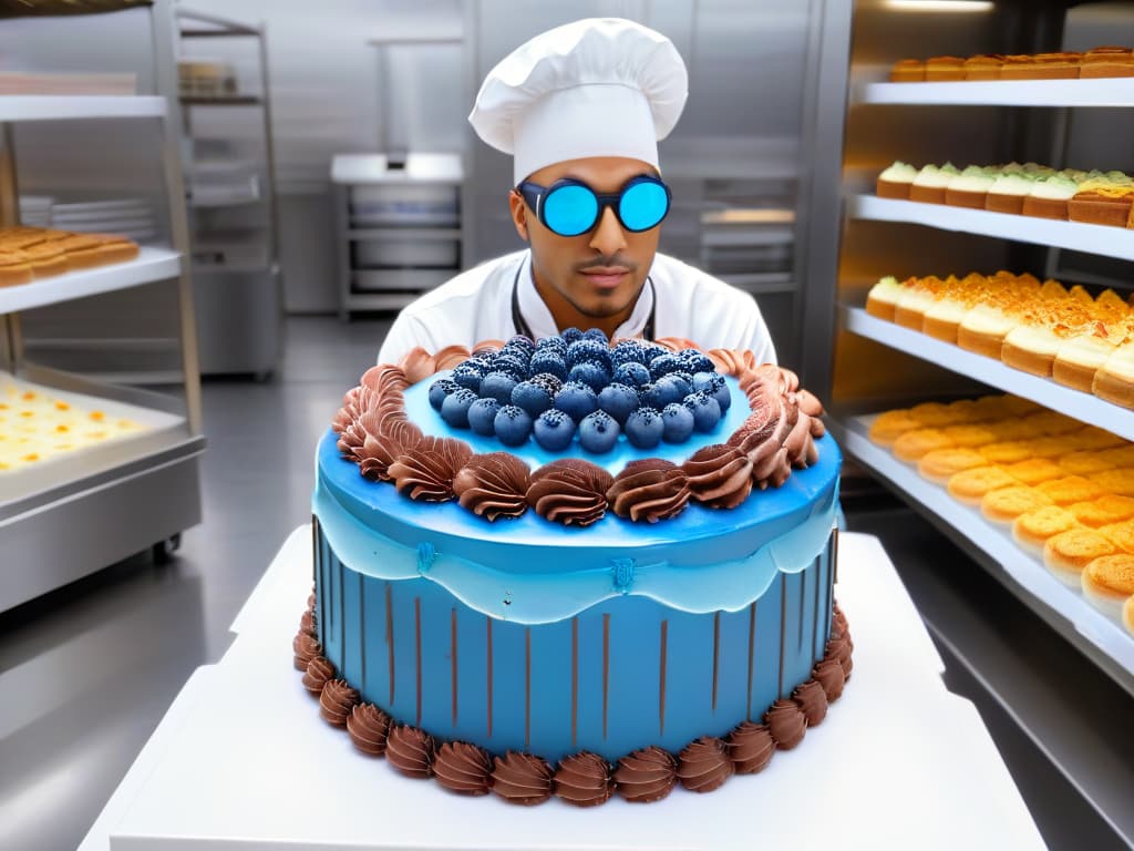  A photorealistic image of a professional pastry chef wearing augmented reality glasses, standing in a modern bakery kitchen filled with colorful ingredients and tools. The chef is creating an elaborate and futuristic cake design, with digital holograms displaying different cake layers, decorations, and flavor combinations floating around the chef as they work. The scene conveys a sense of innovation, creativity, and advanced technology merging seamlessly with traditional culinary artistry. hyperrealistic, full body, detailed clothing, highly detailed, cinematic lighting, stunningly beautiful, intricate, sharp focus, f/1. 8, 85mm, (centered image composition), (professionally color graded), ((bright soft diffused light)), volumetric fog, trending on instagram, trending on tumblr, HDR 4K, 8K