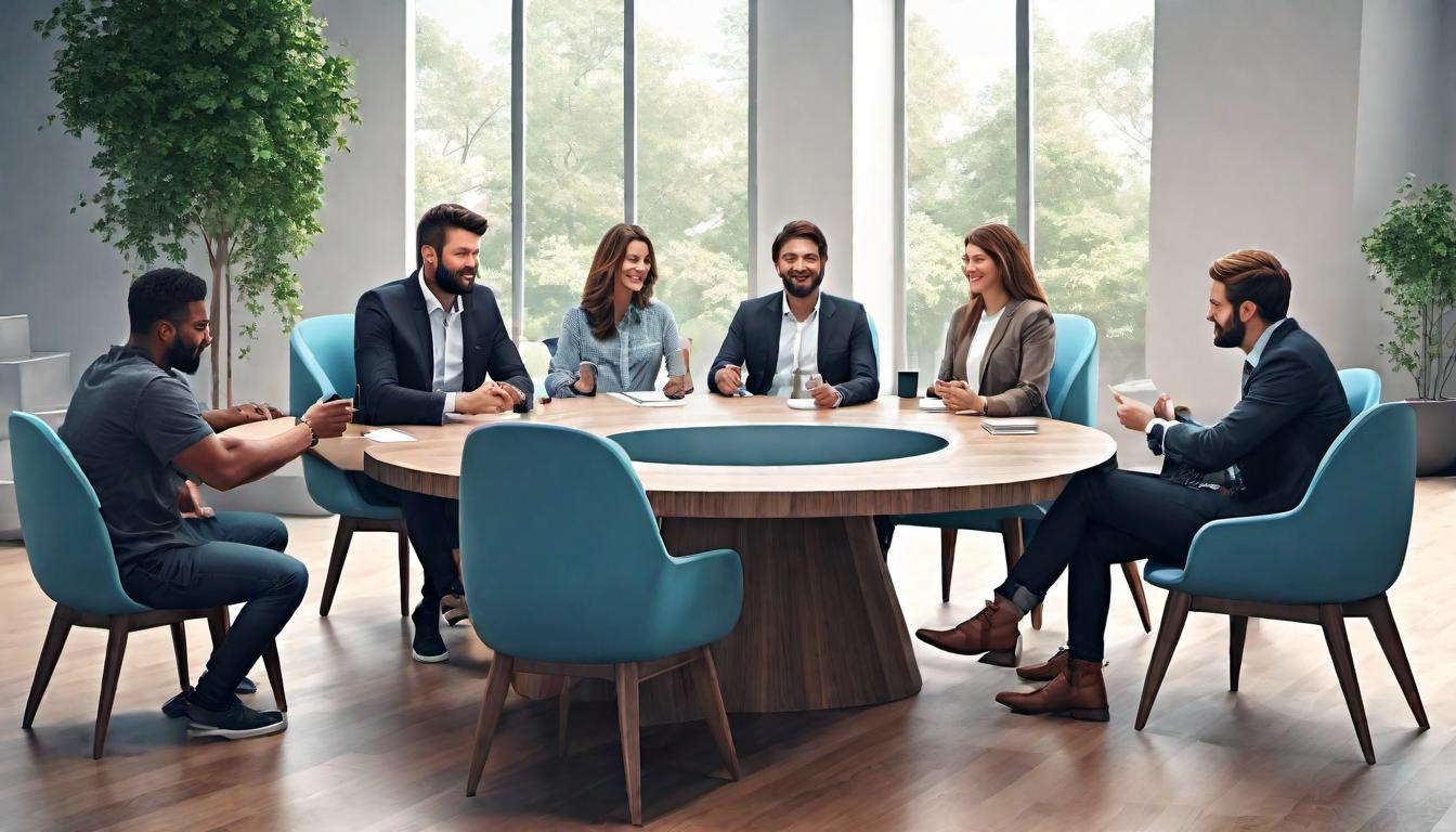  digital illustration A round table surrounded by chairs, each occupied by a person of varied backgrounds, engaged in dialogue, collaboration, emotional intelligence, teamwork looking at viewer, dynamic pose, (intricate details, masterpiece, best quality)