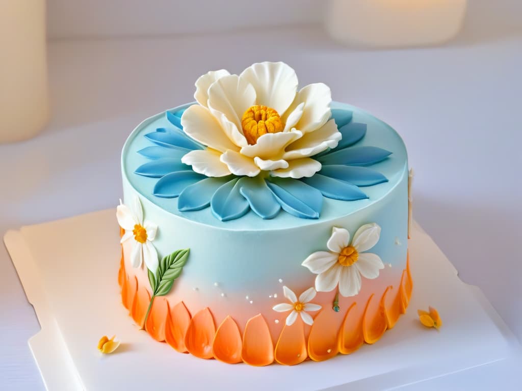  A closeup, ultradetailed photograph of a delicate, intricate sugar flower resting on a perfectly smooth and glossy fondant cake. The flower is meticulously crafted with thin, lifelike petals and a subtle gradient of pastel colors, showcasing the artistry and skill of a master pastry chef. The soft lighting highlights the fine details and elegance of the design, creating a visually stunning and captivating image that embodies the artistry of pastry making. hyperrealistic, full body, detailed clothing, highly detailed, cinematic lighting, stunningly beautiful, intricate, sharp focus, f/1. 8, 85mm, (centered image composition), (professionally color graded), ((bright soft diffused light)), volumetric fog, trending on instagram, trending on tumblr, HDR 4K, 8K