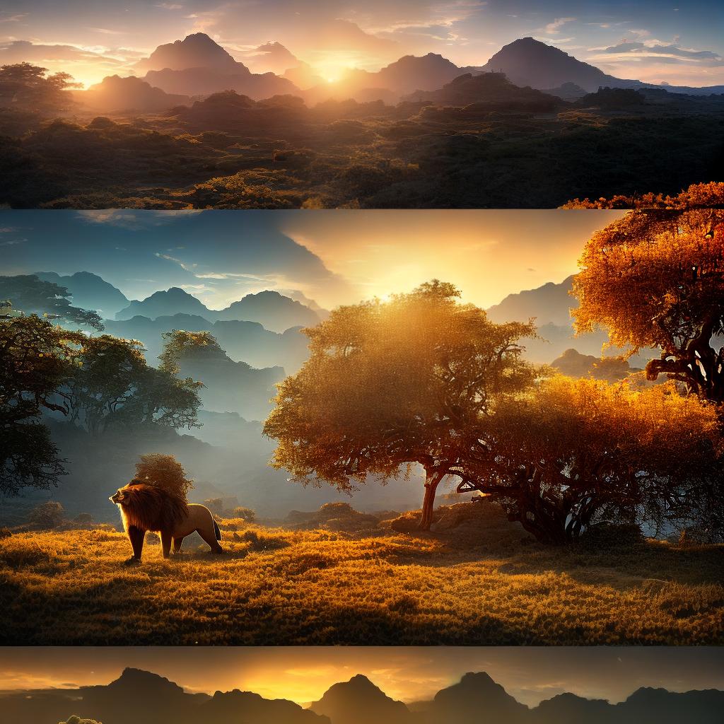  ((Masterpiece)), (((best quality))), 8k, high detailed, ultra-detailed. A majestic lion in the African savannah. Golden sunset, (a flowing mane), tall grass, distant mountains, and a regal posture. hyperrealistic, full body, detailed clothing, highly detailed, cinematic lighting, stunningly beautiful, intricate, sharp focus, f/1. 8, 85mm, (centered image composition), (professionally color graded), ((bright soft diffused light)), volumetric fog, trending on instagram, trending on tumblr, HDR 4K, 8K