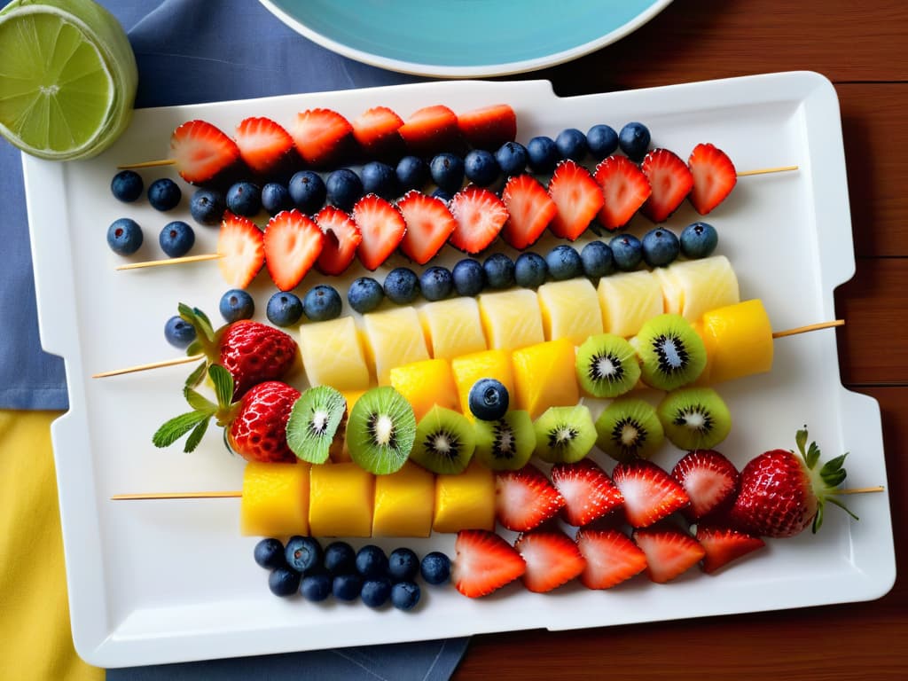  A photorealistic image of a vibrant array of colorful fruit skewers arranged artfully on a white plate, showcasing a variety of fruits like strawberries, blueberries, kiwi, and pineapple, drizzled with a light honey glaze and garnished with fresh mint leaves. The fruits are perfectly sliced and arranged in a visually appealing manner, exuding freshness and healthiness. The background is softly blurred to keep the focus on the fruits, with natural lighting enhancing the colors and textures, making the image look appetizing and enticing. hyperrealistic, full body, detailed clothing, highly detailed, cinematic lighting, stunningly beautiful, intricate, sharp focus, f/1. 8, 85mm, (centered image composition), (professionally color graded), ((bright soft diffused light)), volumetric fog, trending on instagram, trending on tumblr, HDR 4K, 8K