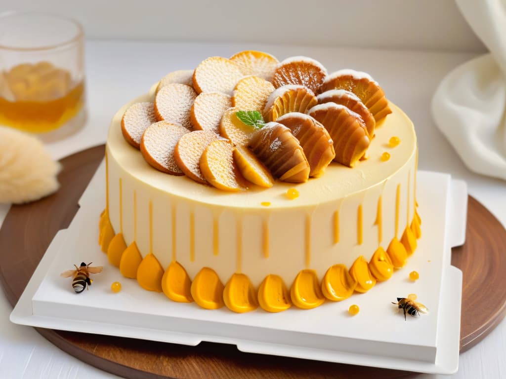  A closeup, highresolution image of a golden honey drizzle cascading down the side of a perfectly baked honeyinfused sponge cake, with delicate beeshaped decorations on the top, set against a simple white background to emphasize the richness and sweetness of the honey. hyperrealistic, full body, detailed clothing, highly detailed, cinematic lighting, stunningly beautiful, intricate, sharp focus, f/1. 8, 85mm, (centered image composition), (professionally color graded), ((bright soft diffused light)), volumetric fog, trending on instagram, trending on tumblr, HDR 4K, 8K