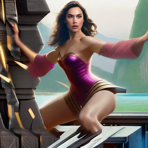  sweating Gal Gadot in fantasy outfit bodytight short dress bending over stone wall while chased by giant ape King Kong smashing trees to the ground