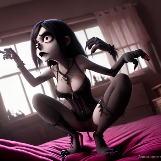  Disney, Pixar 3d, claymation, animated evil goth female vampire, doll, many details, black hair,, squatting, no clothes, open, laying back in bed with in air, bushy pubic hair, shiny, from above, clear detailed photo, sharp focus, cartoon, high resolution, 4k uhd, perfectly detailed big eyes,