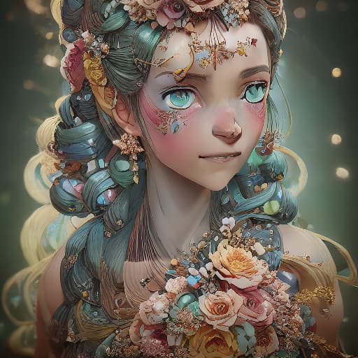 a photo of ddfusion style An anime avatar of a friendly random user with wavy teal hair, gentle eyes, and a soft closed-eye smile. Flowers and vines frame their face. The peaceful background depicts a serene meadow scene with butterflies, rainbows, and flowers. Rendered in a sweet, soothing anime illustration style. hyperrealistic, full body, detailed clothing, highly detailed, cinematic lighting, stunningly beautiful, intricate, sharp focus, f/1. 8, 85mm, (centered image composition), (professionally color graded), ((bright soft diffused light)), volumetric fog, trending on instagram, trending on tumblr, HDR 4K, 8K