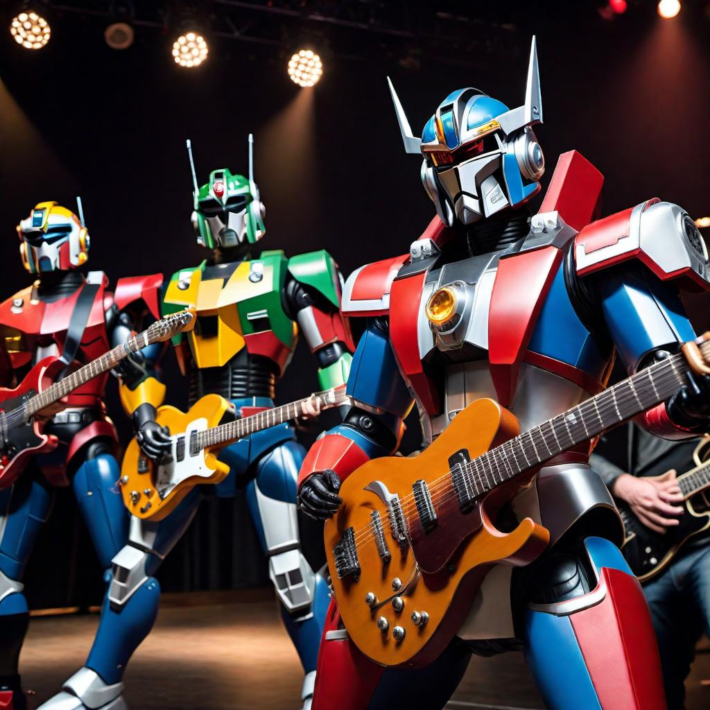  Create an image of Voltron, the giant robot, playing a guitar in a band setting with other musicians. The scene should be lively and colorful, showcasing the band performing on stage. hyperrealistic, full body, detailed clothing, highly detailed, cinematic lighting, stunningly beautiful, intricate, sharp focus, f/1. 8, 85mm, (centered image composition), (professionally color graded), ((bright soft diffused light)), volumetric fog, trending on instagram, trending on tumblr, HDR 4K, 8K