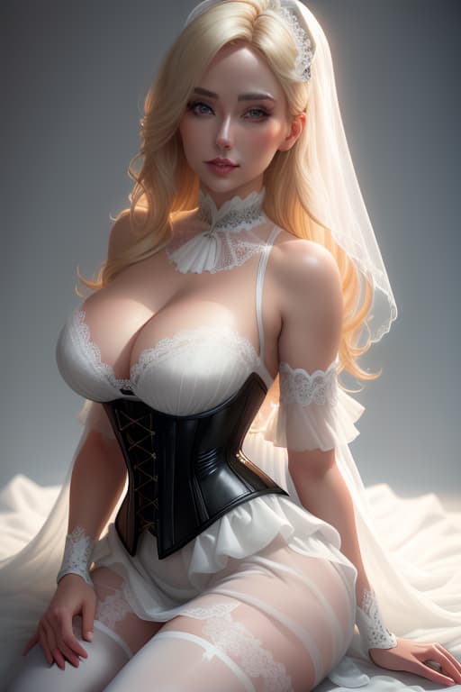  Closeup portrait of a beautiful blonde woman wearing black corset , sheer white lace dress, white pantyhose, in soft light, 8k wallpaper, realistic photograph hyperrealistic, full body, detailed clothing, highly detailed, cinematic lighting, stunningly beautiful, intricate, sharp focus, f/1. 8, 85mm, (centered image composition), (professionally color graded), ((bright soft diffused light)), volumetric fog, trending on instagram, trending on tumblr, HDR 4K, 8K