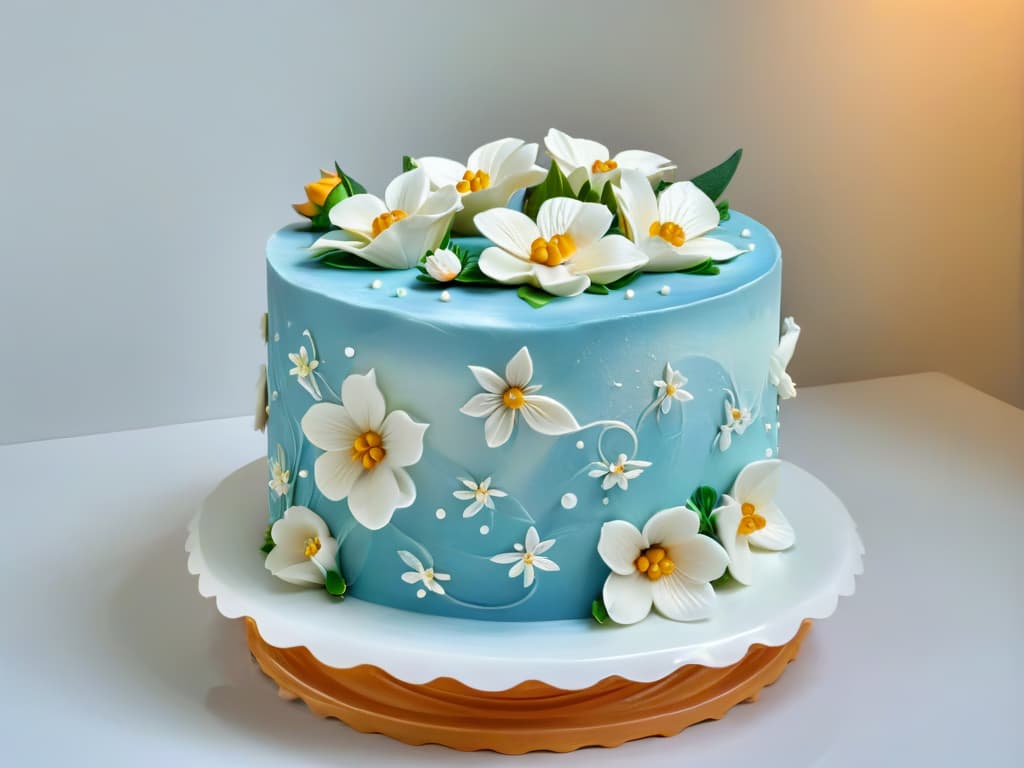  An ultradetailed, minimalistic image of a beautifully decorated threetiered cake, showcasing intricate piping work, delicate fondant flowers, and shimmering gold accents. The cake is displayed on a sleek, white marble cake stand, set against a soft, blurred background to emphasize the precision and artistry of the pastry creation. The lighting is soft and diffused, highlighting the fine details and craftsmanship of the cake, making it a visually captivating and aspirational image for aspiring pastry chefs seeking online certifications in the art of baking and cake decoration. hyperrealistic, full body, detailed clothing, highly detailed, cinematic lighting, stunningly beautiful, intricate, sharp focus, f/1. 8, 85mm, (centered image composition), (professionally color graded), ((bright soft diffused light)), volumetric fog, trending on instagram, trending on tumblr, HDR 4K, 8K