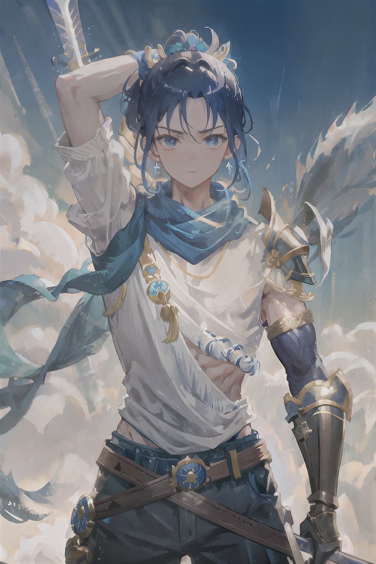  master piece , best quality,Blue hair, ponytail, dark eyes, male, muscular body, swordsman, light blue scarf, brown belt, steel armor, holy sword, sword