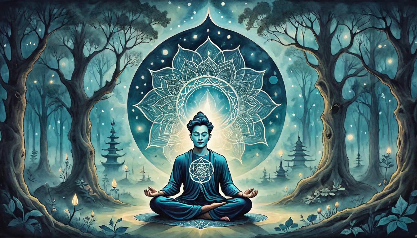  on parchment, surrealism+++, An ethereal boundary, shimmering with energy, encircling a meditative figure, sitting in lotus position, calm but powerful aura, night forest background, sacred geometry patterns hovering, focused, serene(mysterious, provocative, symbolic,muted color)+++