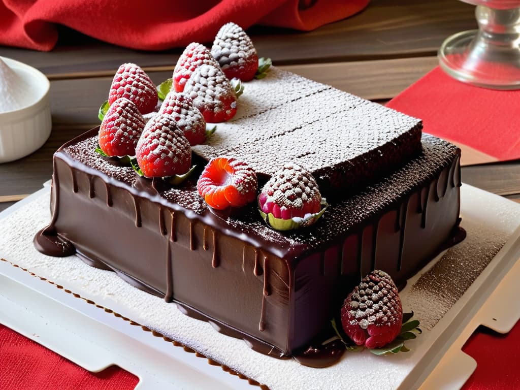  A closeup, ultradetailed image of a decadent chocolate cake slice topped with fresh raspberries and a sprinkle of powdered sugar. The glossy ganache glaze on top reflects the light, showcasing the intricate layers within the cake. The vibrant red of the berries pops against the rich brown of the chocolate, creating a visually striking and mouthwatering dessert image that epitomizes guiltfree indulgence. hyperrealistic, full body, detailed clothing, highly detailed, cinematic lighting, stunningly beautiful, intricate, sharp focus, f/1. 8, 85mm, (centered image composition), (professionally color graded), ((bright soft diffused light)), volumetric fog, trending on instagram, trending on tumblr, HDR 4K, 8K