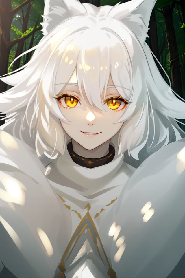  1 young ,wolf hair,white hair,yellow eyes,sunlight,forest,pov,light smile,face close up