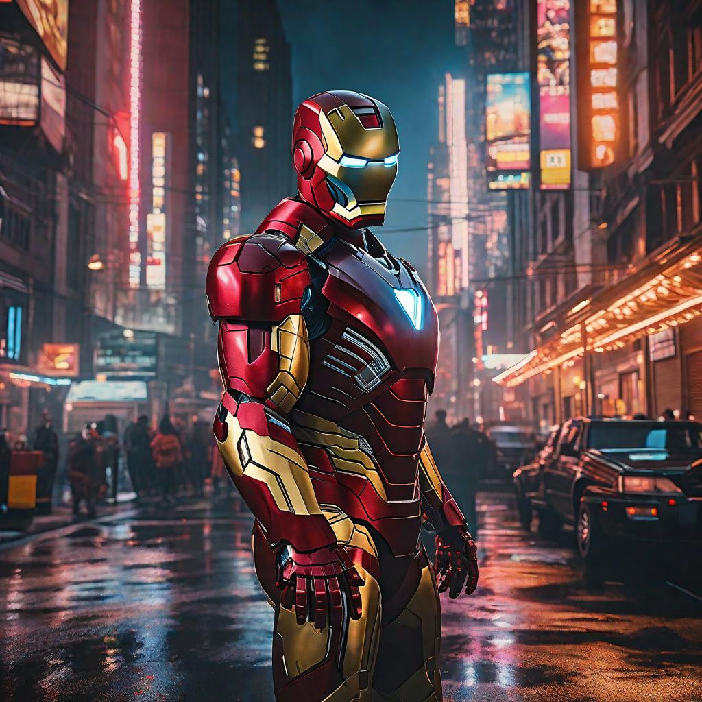  masterpiece, best quality, masterpiece, 8k resolution, realistic, highly detailed, Iron Man close-up. He stands on a street lined with tall buildings in a cyberpunk style city at night. The city's night lights are bright, and the surrounding buildings and streets are full of cyberpunk elements such as neon lights, high-tech equipment and futuristic architectural design.