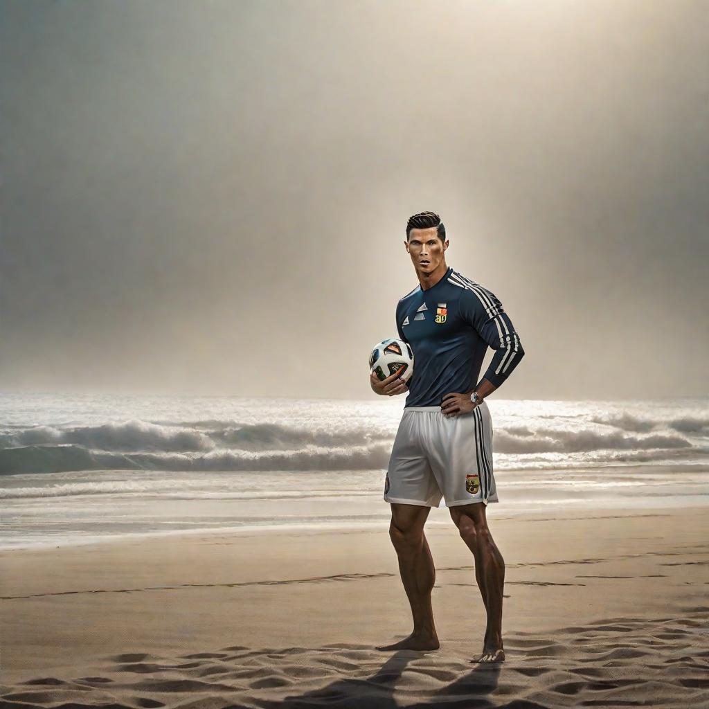  Cristiano Ronaldo en la playa con messi hyperrealistic, full body, detailed clothing, highly detailed, cinematic lighting, stunningly beautiful, intricate, sharp focus, f/1. 8, 85mm, (centered image composition), (professionally color graded), ((bright soft diffused light)), volumetric fog, trending on instagram, trending on tumblr, HDR 4K, 8K