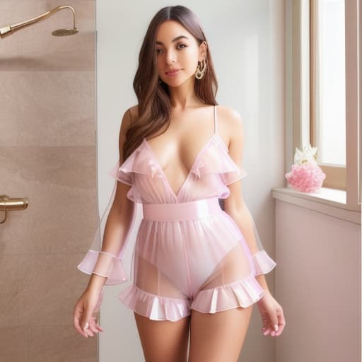  very beautiful angel,oiled shiny, light pink vinyl very transparent romper, long socs with ruffles and socs belts,bathroom area