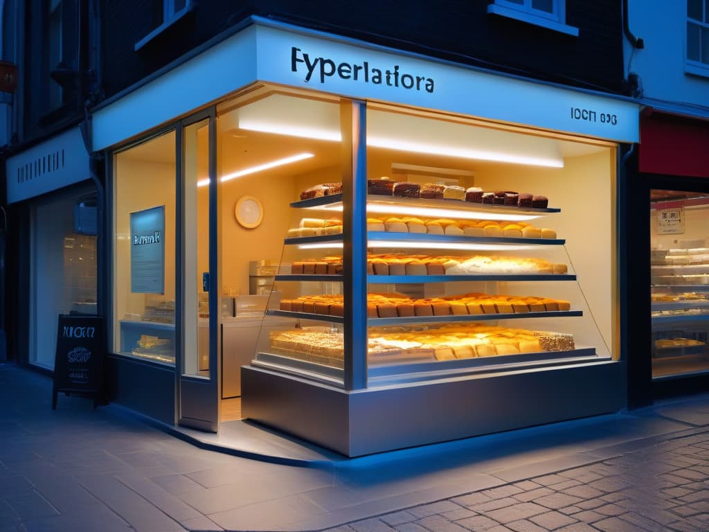  An ultradetailed 8k image of a sleek, modern bakery storefront at dusk, with warm interior lights glowing invitingly through the large, spotless windows. The minimalist design showcases a curated selection of elegant pastries and cakes displayed on clean, uncluttered shelves. The atmosphere exudes sophistication and warmth, with a subtle digital display showcasing the bakery's brand logo in a tasteful, understated manner. hyperrealistic, full body, detailed clothing, highly detailed, cinematic lighting, stunningly beautiful, intricate, sharp focus, f/1. 8, 85mm, (centered image composition), (professionally color graded), ((bright soft diffused light)), volumetric fog, trending on instagram, trending on tumblr, HDR 4K, 8K