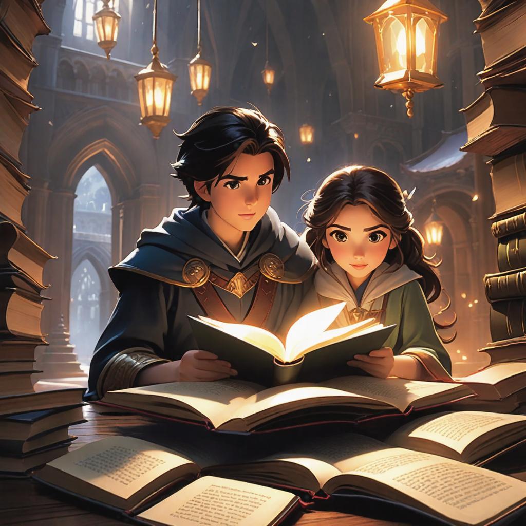  Based on the original image, reflect the following:

1. Strengthen the interaction between the characters to better convey their relationship and story.
2. Emphasize the magical elements in the scene (e.g., floating books and pages) to highlight the theme of the story.
3. Enhance the characters' expressions and gestures to emphasize their heroic attitude or determination, conveying the magnitude of the adventure or challenge they are facing. hyperrealistic, full body, detailed clothing, highly detailed, cinematic lighting, stunningly beautiful, intricate, sharp focus, f/1. 8, 85mm, (centered image composition), (professionally color graded), ((bright soft diffused light)), volumetric fog, trending on instagram, trending on tumblr, HDR 4K, 8K