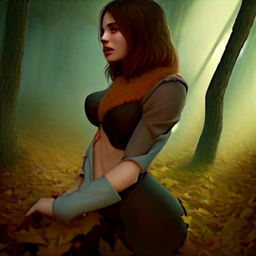  girl in leaves hyperrealistic, full body, detailed clothing, highly detailed, cinematic lighting, stunningly beautiful, intricate, sharp focus, f/1. 8, 85mm, (centered image composition), (professionally color graded), ((bright soft diffused light)), volumetric fog, trending on instagram, trending on tumblr, HDR 4K, 8K