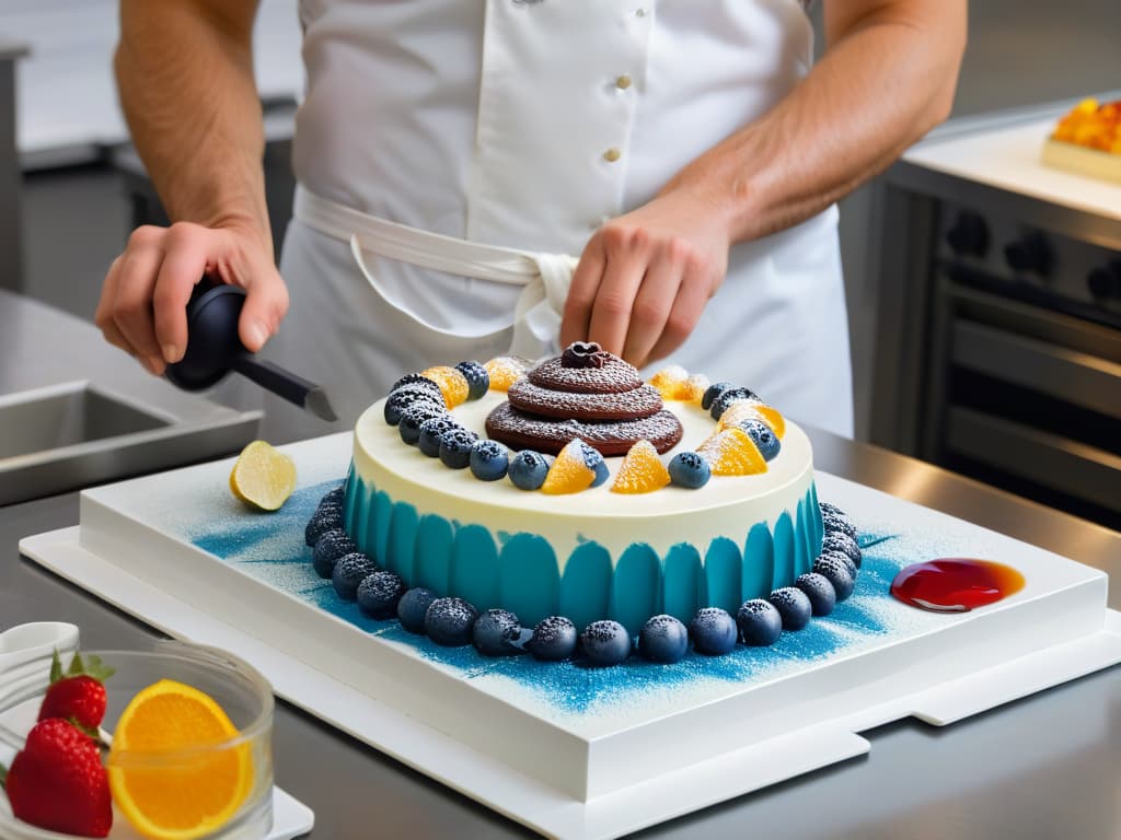  A highresolution, ultradetailed image of a professional pastry chef carefully crafting a delicate, intricate gelatin dessert in a sleek, modern kitchen studio. The chef, with focused determination, is shown delicately pouring a vibrant, shimmering gelatin mixture into a mold, capturing the precise moment of culinary artistry and innovation. The background showcases a minimalist kitchen aesthetic with clean lines, stainless steel appliances, and an abundance of fresh, colorful ingredients neatly arranged, adding a pop of contrasting hues to the scene. The image exudes a sense of precision, expertise, and creativity, perfectly complementing the professional and inspiring tone of the article on key brands for innovative pastry making. hyperrealistic, full body, detailed clothing, highly detailed, cinematic lighting, stunningly beautiful, intricate, sharp focus, f/1. 8, 85mm, (centered image composition), (professionally color graded), ((bright soft diffused light)), volumetric fog, trending on instagram, trending on tumblr, HDR 4K, 8K