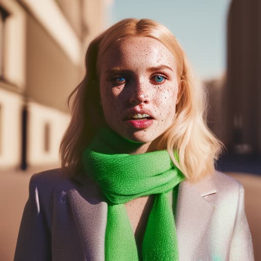 portrait+ style A vint portrait of a  with freckles and green eyes ,blond hair over the shoulders, happy , city background .,portrait,8k,high quality,soft lighting,high quality, Fujifilm XT3