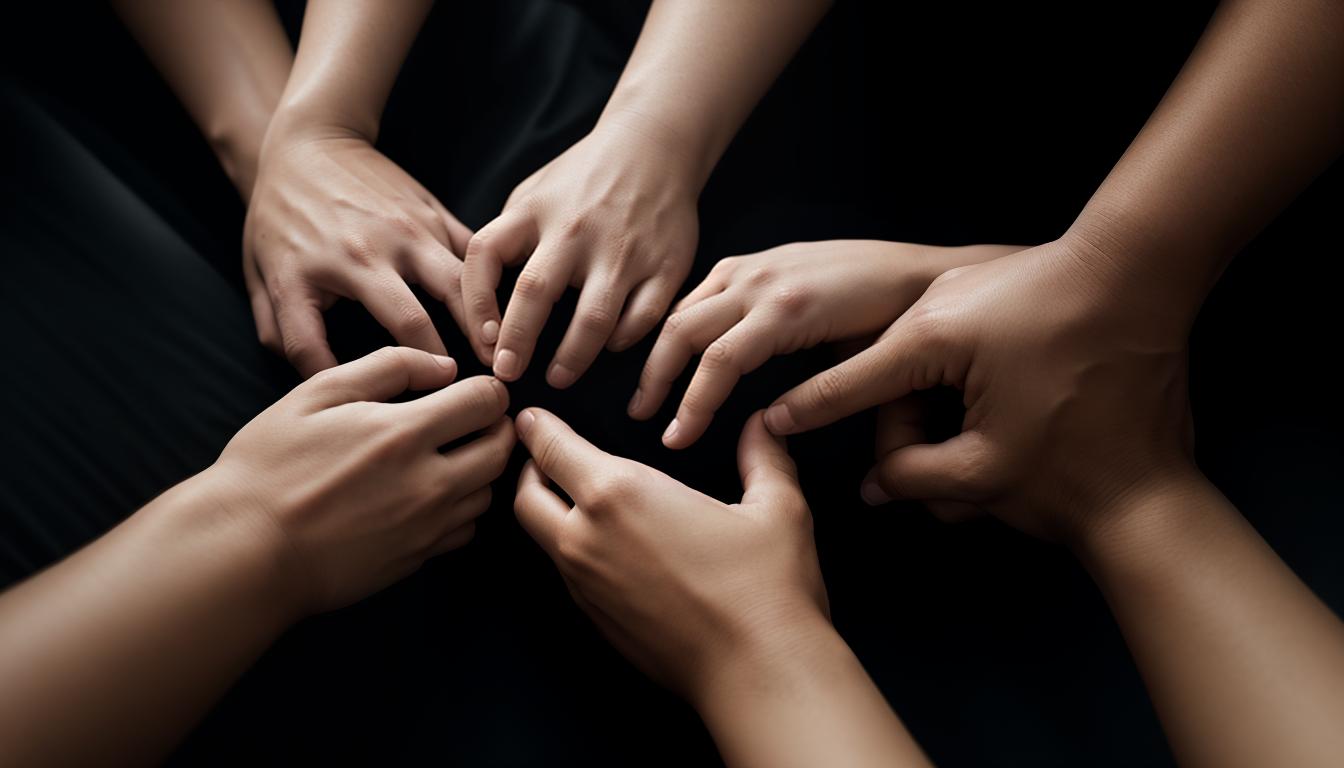  cinematic, aesthetic, a circle of joined hands, reinforcing strength, sense of unity, hands holding tight, veins visible, shared life force, connection, warmth, belonging, togetherness, 4k, HDR, lens flare