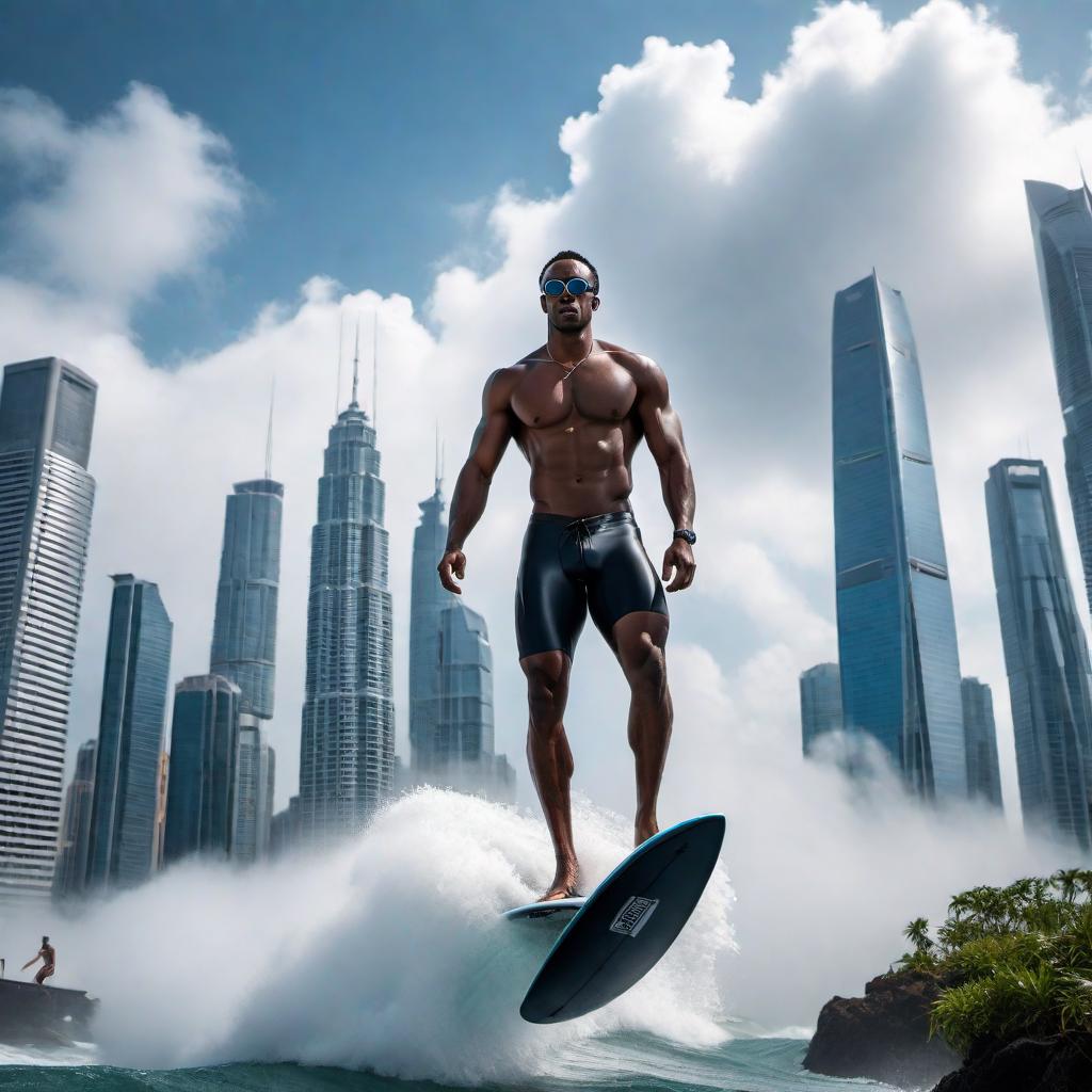  Create an image of a black male with swimming trunks and black shades, riding a black surfboard through the clouds, as he is approaching a futuristic city full of skyscrapers. Capture the moment of him surfing into the clouds with the cityscape ahead. The mood should be adventurous and futuristic. hyperrealistic, full body, detailed clothing, highly detailed, cinematic lighting, stunningly beautiful, intricate, sharp focus, f/1. 8, 85mm, (centered image composition), (professionally color graded), ((bright soft diffused light)), volumetric fog, trending on instagram, trending on tumblr, HDR 4K, 8K