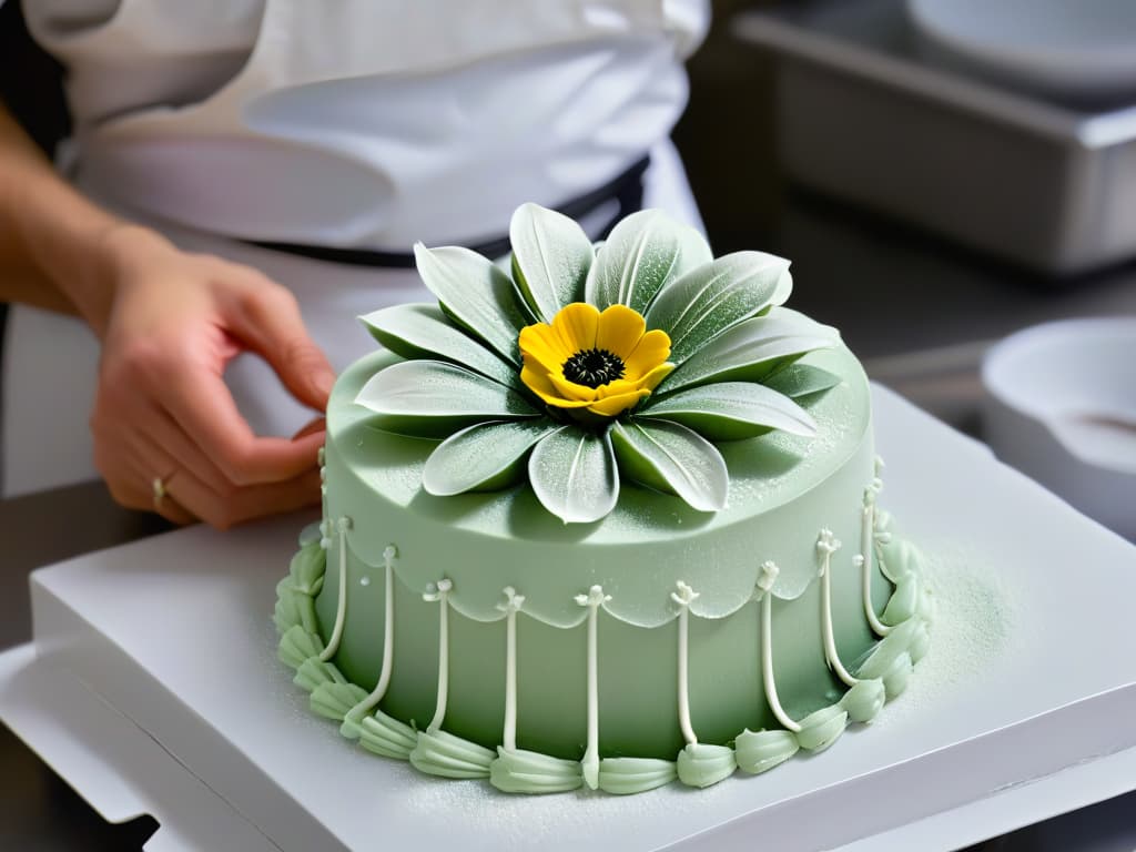  A photorealistic closeup image of a delicate sugar flower being meticulously crafted by a skilled pastry chef's hands, showcasing intricate details like the petal veining, dusted shimmer, and precise shaping techniques, all set against a softfocus background of a bustling, modern bakery kitchen filled with stateoftheart equipment and vibrant ingredients in a harmonious symphony of colors. hyperrealistic, full body, detailed clothing, highly detailed, cinematic lighting, stunningly beautiful, intricate, sharp focus, f/1. 8, 85mm, (centered image composition), (professionally color graded), ((bright soft diffused light)), volumetric fog, trending on instagram, trending on tumblr, HDR 4K, 8K