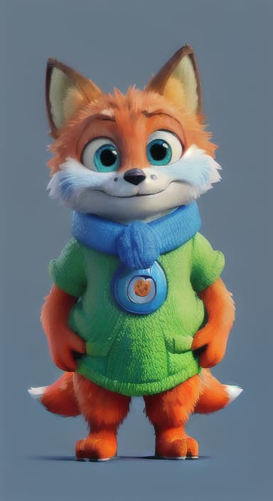  {Error the fox pressing the blue button with his paw, looking puzzled as nothing occurs., Error is a small, bright orange fox with a fluffy tail and big, inquisitive eyes. He has a mischievous yet kind expression and wears a tiny green scarf.