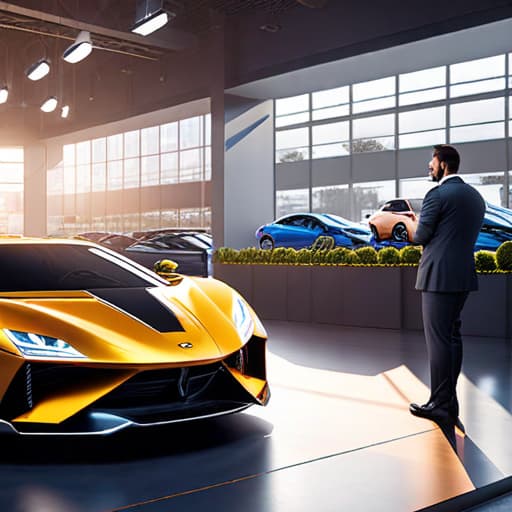  A ai person throwing money in the air at a car dealership with a orange spotlight hyperrealistic, full body, detailed clothing, highly detailed, cinematic lighting, stunningly beautiful, intricate, sharp focus, f/1. 8, 85mm, (centered image composition), (professionally color graded), ((bright soft diffused light)), volumetric fog, trending on instagram, trending on tumblr, HDR 4K, 8K