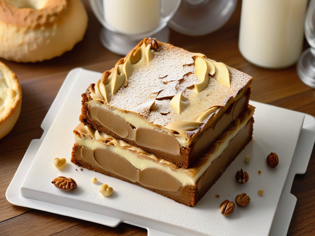  A closeup, ultradetailed image of a freshly baked blondie with a goldenbrown crust, studded with chunks of white chocolate and walnuts, resting on a sleek, modern marble countertop. The blondie is slightly warm, emitting a tempting aroma, with a delicate dusting of powdered sugar on top glistening under a soft, natural light coming from a nearby window. The texture of the blondie appears moist and chewy, with visible air pockets throughout, inviting the viewer to reach out and take a bite. hyperrealistic, full body, detailed clothing, highly detailed, cinematic lighting, stunningly beautiful, intricate, sharp focus, f/1. 8, 85mm, (centered image composition), (professionally color graded), ((bright soft diffused light)), volumetric fog, trending on instagram, trending on tumblr, HDR 4K, 8K