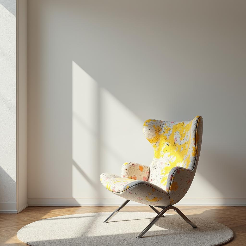  this editorial photograph captures a living room designed for relaxation and entertainment, viewed through an extreme wide shot using a 35mm f/2 wide angle lens. the space embodies sleek minimalism, highlighted by a modern chair that stands out with its minimalist, continuous form and smooth, curved edges. the chair's white seat and backrest, decorated with speckles in primary yellow (rgb: 255, 255, 0), secondary green (rgb: 0, 128, 0), and accent blue (rgb: 0, 0, 255), alongside complementary pink (rgb: 255, 192, 203) and orange (rgb: 255, 165, 0), inject a playful creativity. its chrome frame underscores the contemporary aesthetic. hyperrealistic, full body, detailed clothing, highly detailed, cinematic lighting, stunningly beautiful, intricate, sharp focus, f/1. 8, 85mm, (centered image composition), (professionally color graded), ((bright soft diffused light)), volumetric fog, trending on instagram, trending on tumblr, HDR 4K, 8K