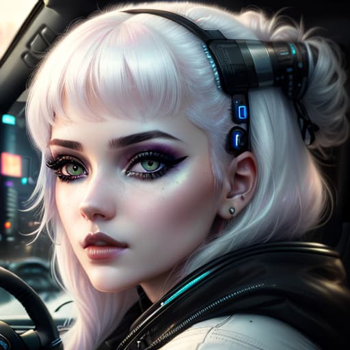  ultra realistic close up portrait ((beautiful pale cyberpunk female with heavy black eyeliner)), Cat driving a car