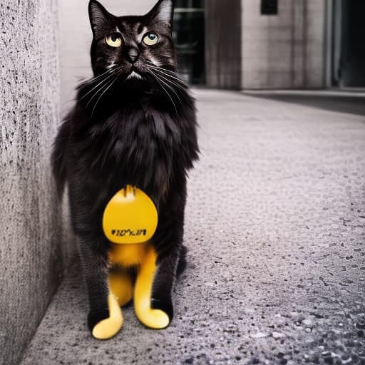 lnkdn photography A cat wearing a leather jacket and a black jacket with a yellow tail