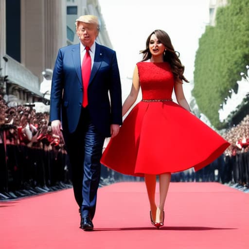 modelshoot style Donald Trump and Melanie marching in the red carpet unreal, focus on the face , with intricate colors of the eyes , natural light , background of the crowd, high quality.