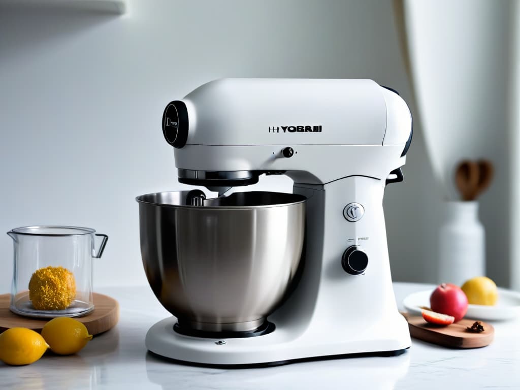  A minimalistic yet highly detailed image of a sleek, modern stand mixer in a pristine white kitchen setting. The mixer is prominently displayed on a marble countertop, with soft, natural light filtering in through a nearby window, casting a gentle shadow. The focus is on the elegant design and sophisticated details of the mixer, showcasing its versatility and functionality for home baking. hyperrealistic, full body, detailed clothing, highly detailed, cinematic lighting, stunningly beautiful, intricate, sharp focus, f/1. 8, 85mm, (centered image composition), (professionally color graded), ((bright soft diffused light)), volumetric fog, trending on instagram, trending on tumblr, HDR 4K, 8K